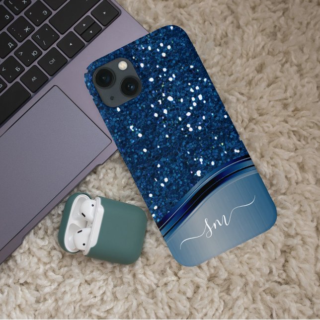 Handwritten Monogram Navy Blue  Metal Glitter Case-Mate iPhone Case (Creator Uploaded)