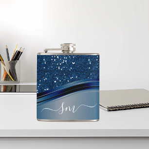 Handwritten Monogram Navy Blue  Metal Glitter  Hip Flask
