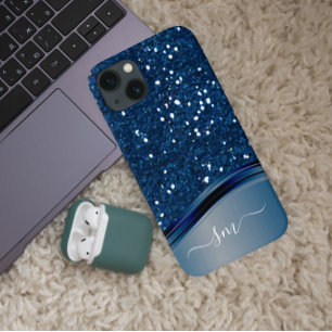 Handwritten Monogram Navy Blue Metal Glitter iPhone 12 Case