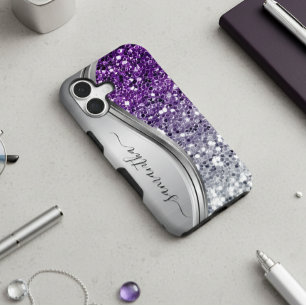 Handwritten Monogram Purple Silver Glitter  Samsung Galaxy Case