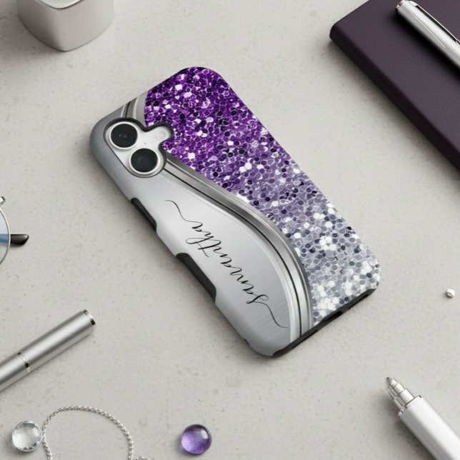 Handwritten Monogram Purple Silver Glitter  Samsung Galaxy S22 Case (Creator Uploaded)