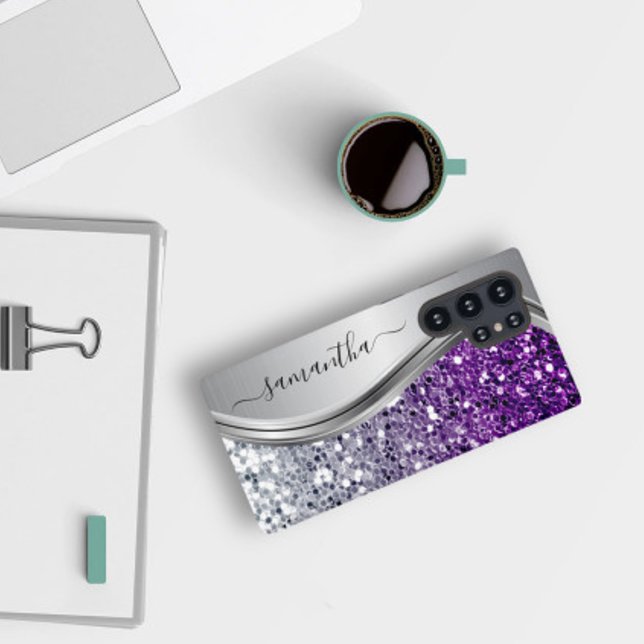 Handwritten Monogram Purple Silver Glitter  Samsung Galaxy S22 Case (Creator Uploaded)