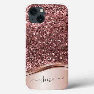 Handwritten Monogram Rose Gold Metal Glitter Case- iPhone 13 Case
