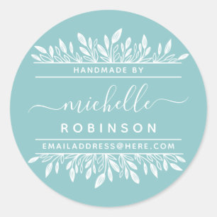 Handwritten Name Blue & White Botanical Handmade Classic Round Sticker