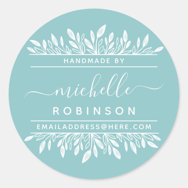 Handwritten Name Blue & White Botanical Handmade Classic Round Sticker (Front)
