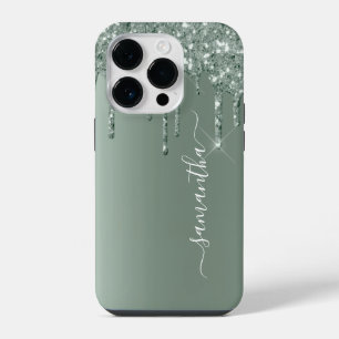 Handwritten Name Dark Green Metal Glitter Look iPhone 14 Pro Case