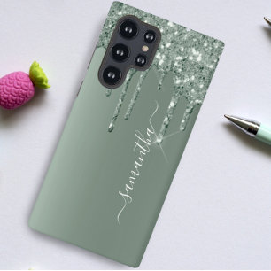 Handwritten Name Dark Green Metal Glitter Look Samsung Galaxy Case
