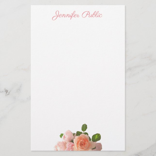 Handwritten Name Elegant Watercolor Roses Template Stationery (Front)