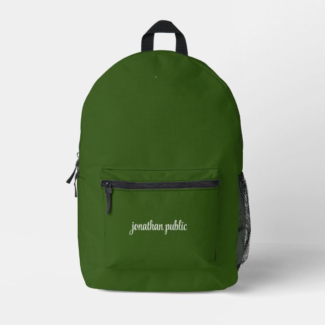 Handwritten Name Forest Green Solid Colour Modern Printed Backpack (Front)