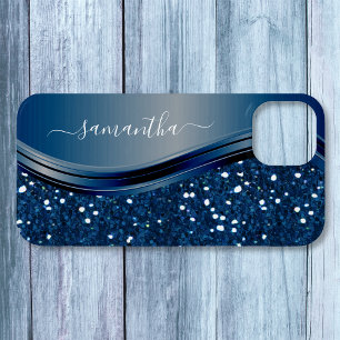 Handwritten Name Navy Blue  Metal Glitter 12 iPhone 15 Case