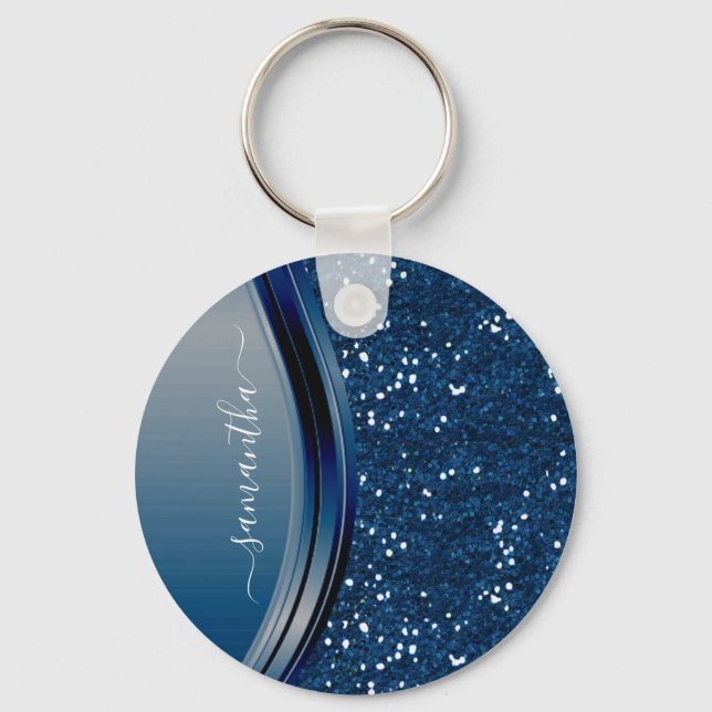 Handwritten Name Navy Blue  Metal Glitter  Key Ring (Front)