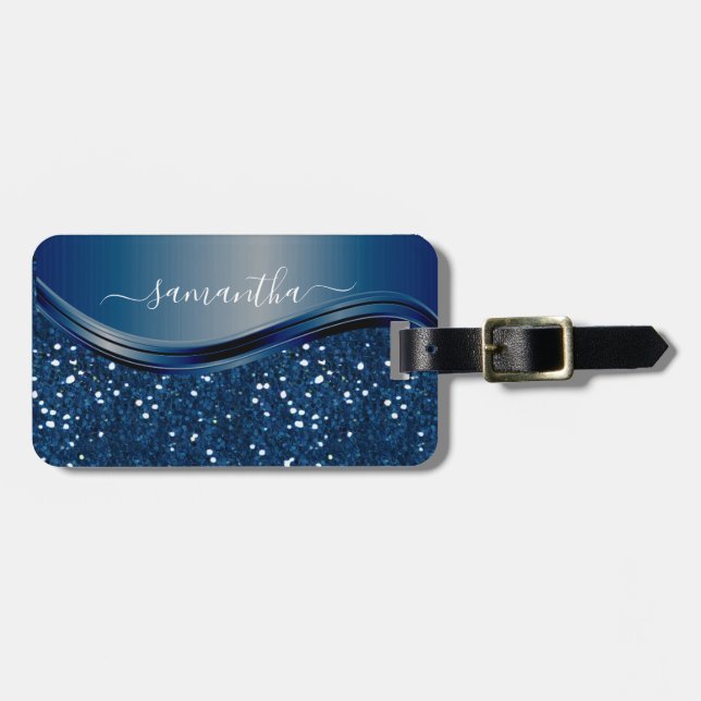 Handwritten Name Navy Blue  Metal Glitter Luggage Tag (Front Horizontal)