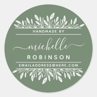 Handwritten Name Sage & White Botanical Handmade Classic Round Sticker