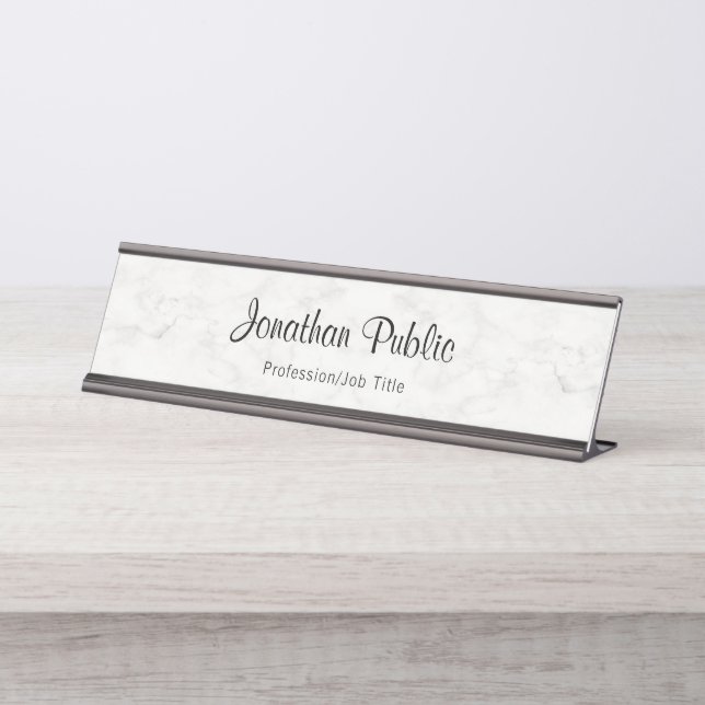 Handwritten Name Script White Marble Modern Desk Name Plate (Front)
