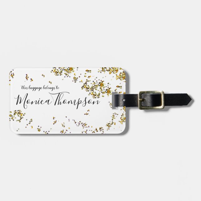 handwritten name + splattered gold dots feminine luggage tag (Front Horizontal)