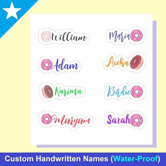 Handwritten Names & Doughnuts: Waterproof Stickers (Personalized donut Stickers for Kids)