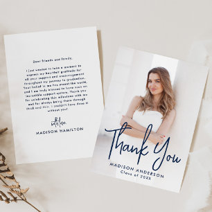 Handwritten Navy Script Photo Graduation Thank You Card