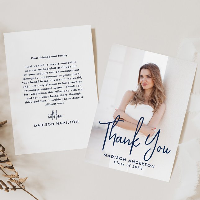 Handwritten Navy Script Photo Graduation Thank You Card (Creator Uploaded)