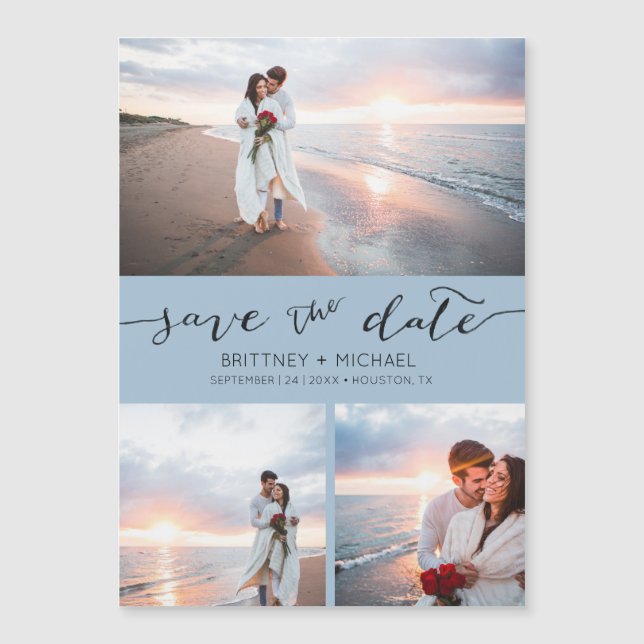 Handwritten Photo Collage Dusty Blue Save the Date (Front)