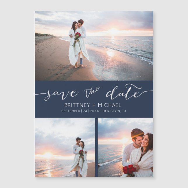 Handwritten Photo Collage Navy Blue Save the Date (Front)