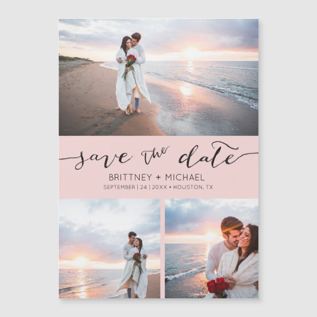 Handwritten Photo Collage Pink Save the Date (Front)