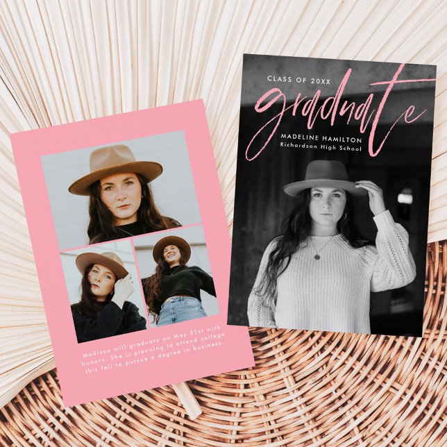Handwritten Pink Brush Script 4 Photo Graduation Announcement (Creator Uploaded)