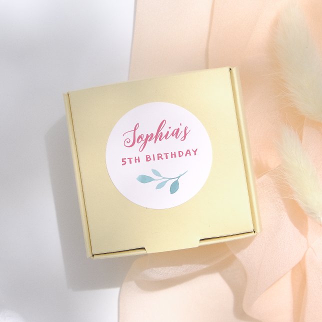 Handwritten Pink Fairy Leaves Girl Birthday Party Classic Round Sticker (Creator Uploaded)