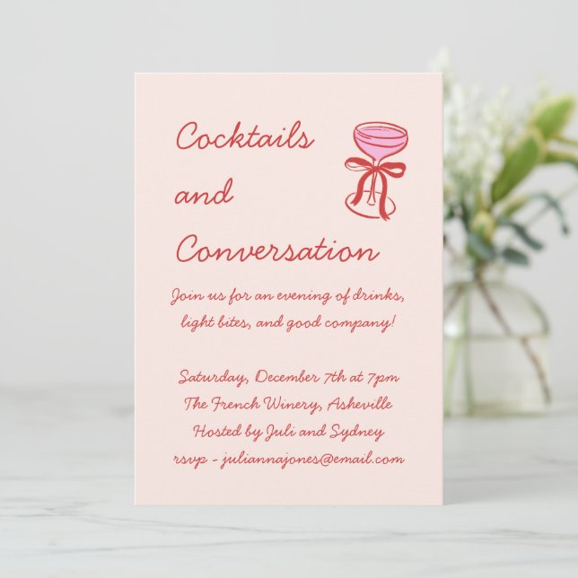 Handwritten Playful Cocktail Doodle Red Pink Invitation (Standing Front)