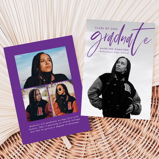 Handwritten Purple Brush Script 4 Photo Graduation Announcement (Creator Uploaded)