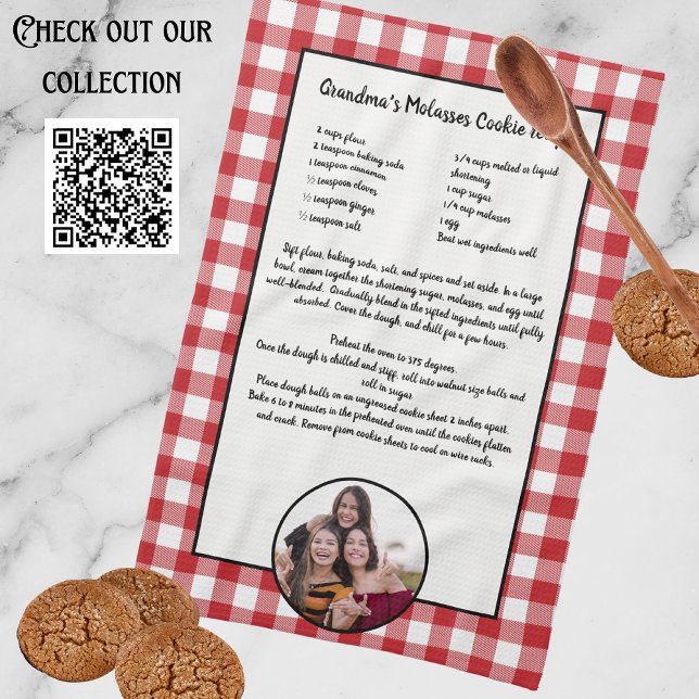 Handwritten Recipe Keepsake Red Buffalo Add Photo  Tea Towel (Creator Uploaded)