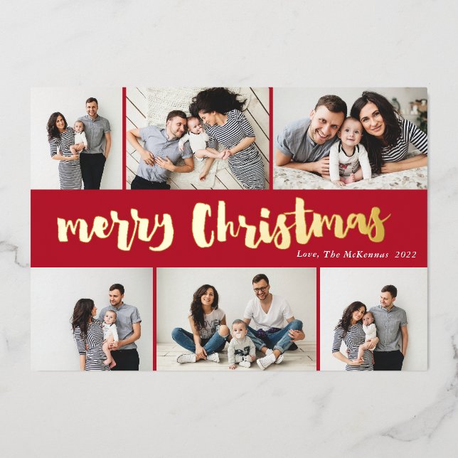 Handwritten Red Merry Christmas 6 Photo Gold Foil Holiday Card (Front)
