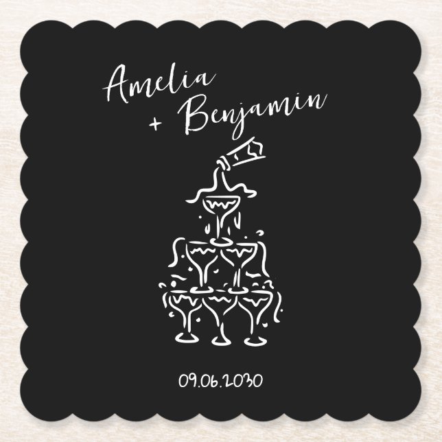 Handwritten  retro Champagne Tower Wedding  Paper Coaster (Front)