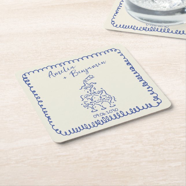 Handwritten  retro Champagne Tower Wedding  Square Paper Coaster (Angled)