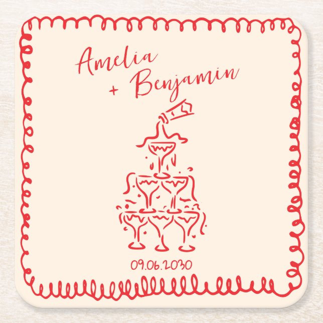 Handwritten  retro Champagne Tower Wedding  Square Paper Coaster (Front)