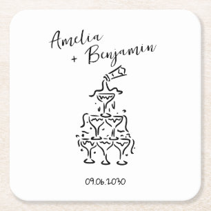 Handwritten  retro Champagne Tower Wedding  Square Paper Coaster