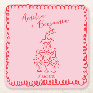 Handwritten retro Champagne Tower Wedding Square Paper Coaster