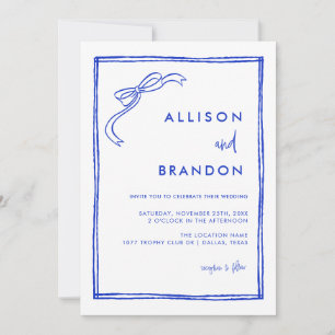 Handwritten Ribbon French Blue Wedding Invitation