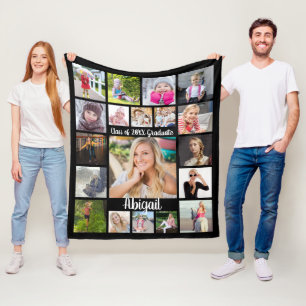 Handwritten Script 19 Photo Collage Graduate Black Fleece Blanket