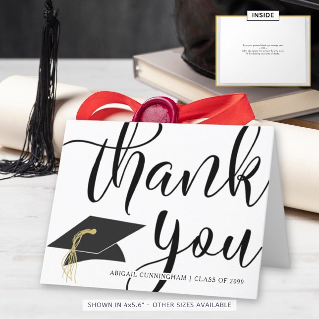 Handwritten Script Black and White Graduation Thank You Card (Creator Uploaded)