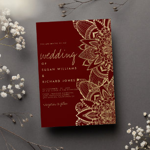 Handwritten script burgundy gold mandala wedding invitation