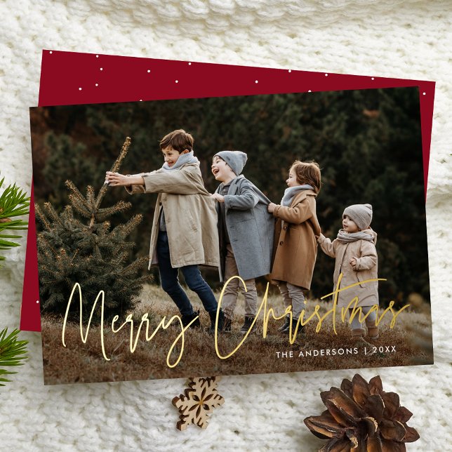 Handwritten Script Burgundy Merry Christmas Photo Foil Holiday Card (Creator Uploaded)
