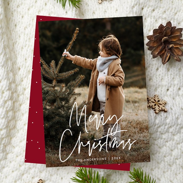 Handwritten Script Burgundy Merry Christmas Photo Holiday Card (Creator Uploaded)
