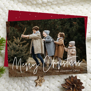 Handwritten Script Burgundy Merry Christmas Photo Holiday Card