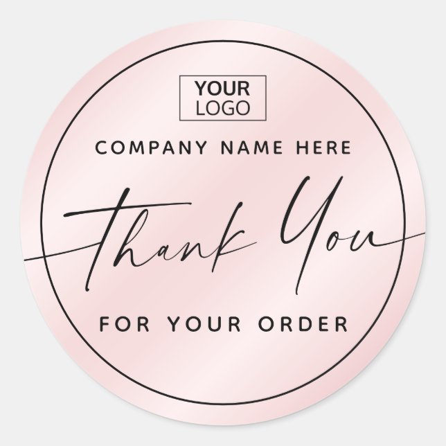 Handwritten script business thank you pink satin classic round sticker (Front)
