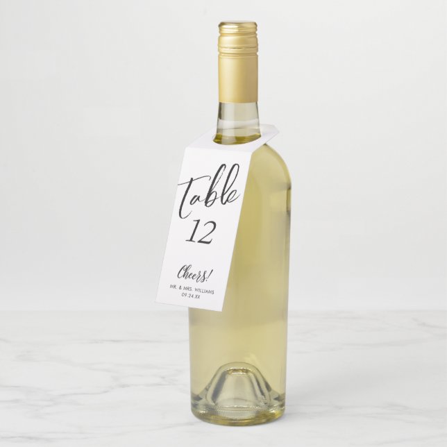 Handwritten Script Cheers Table Number Bottle Tag (Angled)