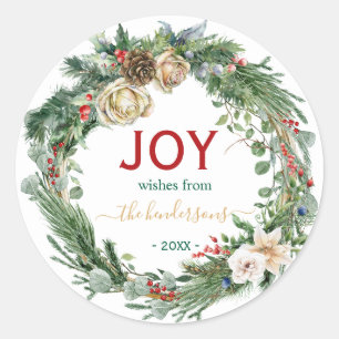 Handwritten Script Christmas Joy Wreath Name Classic Round Sticker