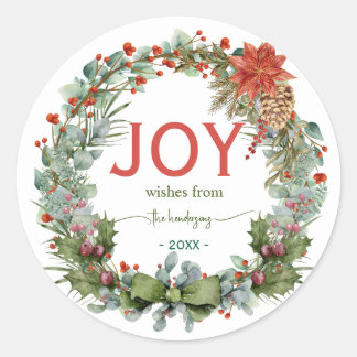 Handwritten Script Christmas Joy Wreath Name Green Classic Round Sticker