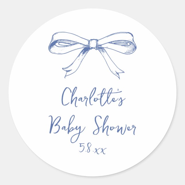 Handwritten Script Coquette Bow Blue Baby Shower Classic Round Sticker (Front)