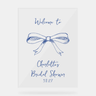Handwritten Script Coquette Bow Blue Bridal Shower Acrylic Sign