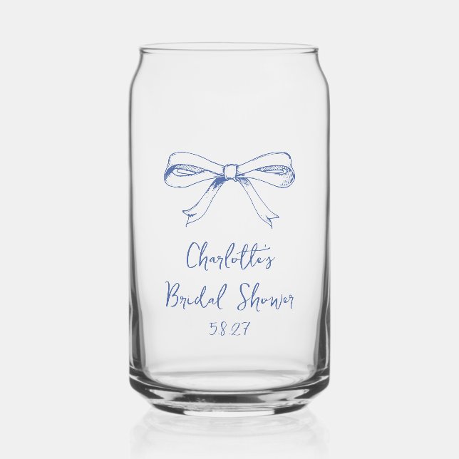 Handwritten Script Coquette Bow Blue Bridal Shower Can Glass (Front)